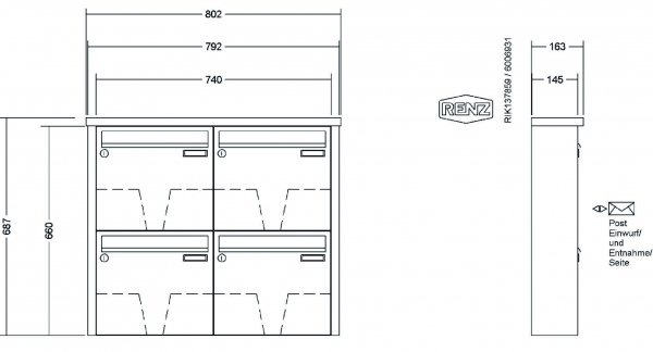 RENZ Briefkastenanlage Aufputz Tetro Kastenformat 370x330x145mm, 4-teilig